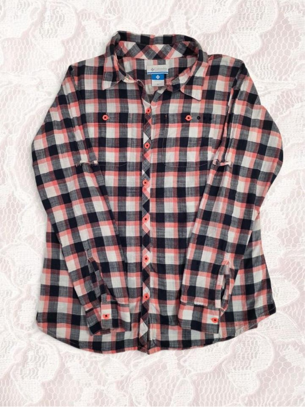 Columbia Women's Plaid Button-Down Shirt - Navy, White & Coral Medium